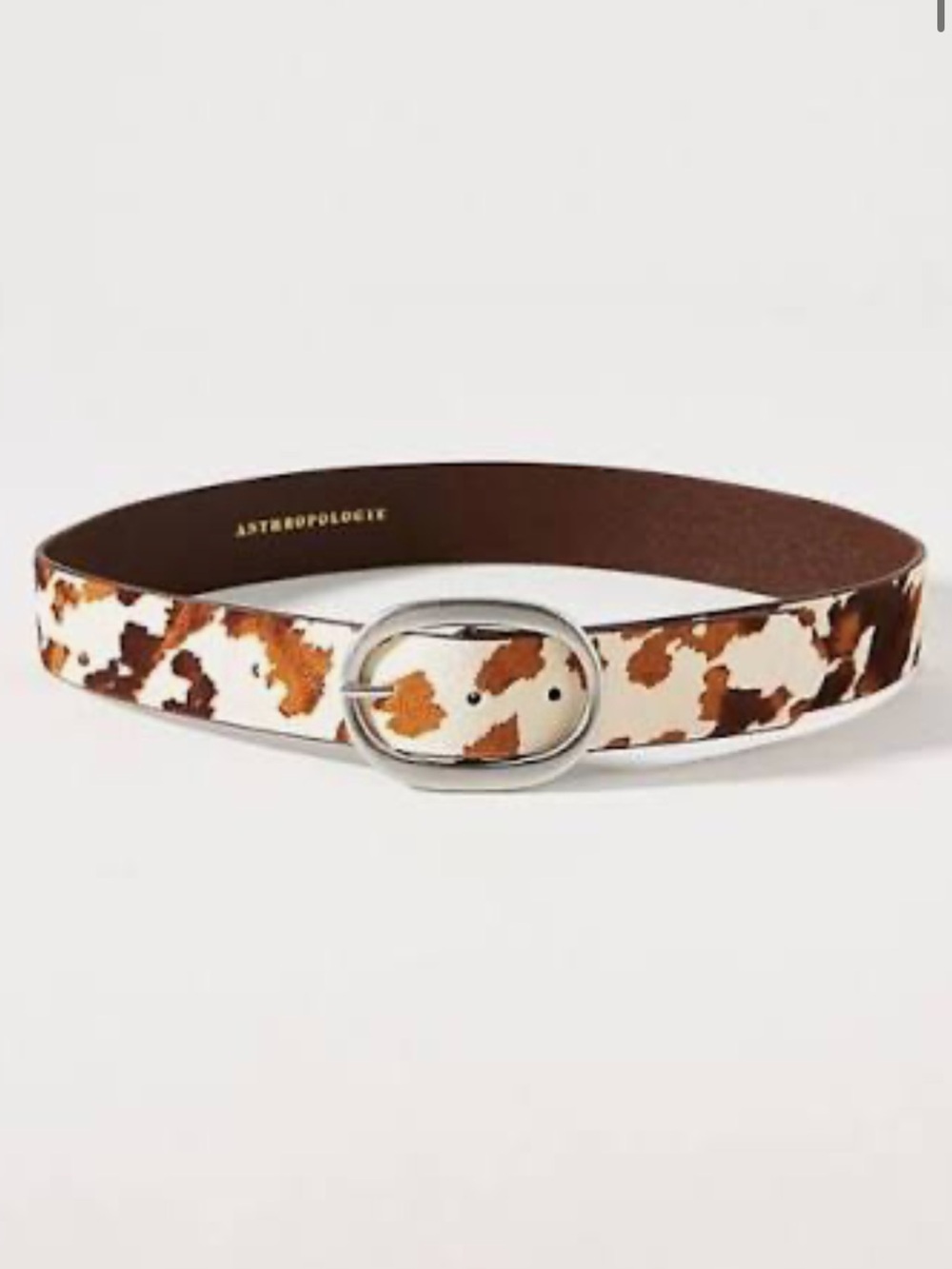 Anthropologie Oval Buckle Belt. Print: Cow, Size:Medium. Oval Silver Buckle